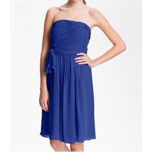 CALVIN KLEIN Blue Strapless Ruched Chiffon Formal Knee Length Dress 14